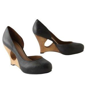 Anthropologie Schuler & Sons Chiseled Black Wooden Wedge Heels Size 7.5
